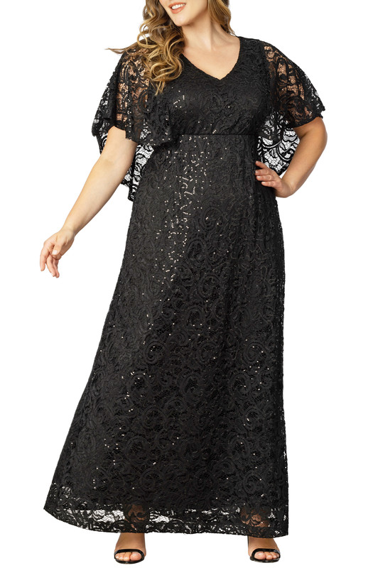 Kiyonna Plus Size Celestial Cape Sleeve Sequined Lace Gown (Plus Size)
