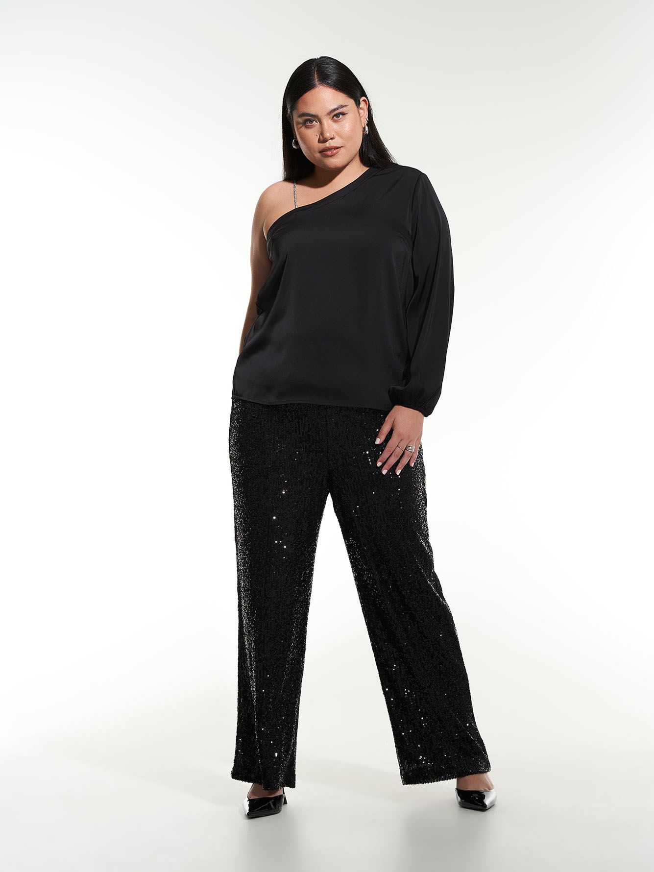 Black Off-Shoulder Satin Blouse with Rhinestones Strap - Addition Elle