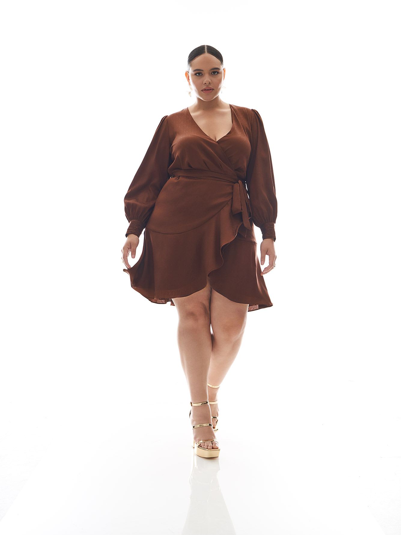 Short Ruffled Wrap Dress with Jewel Cuff Buttons - Addition Elle
