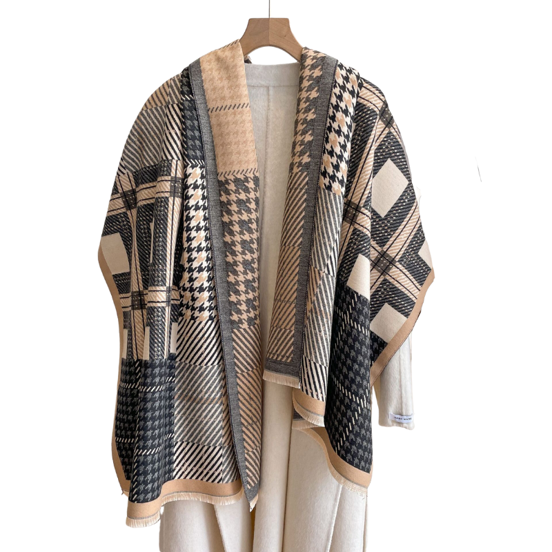 Beige & Black Striped and Houndstooth Patterned Scarf - Don't AsK