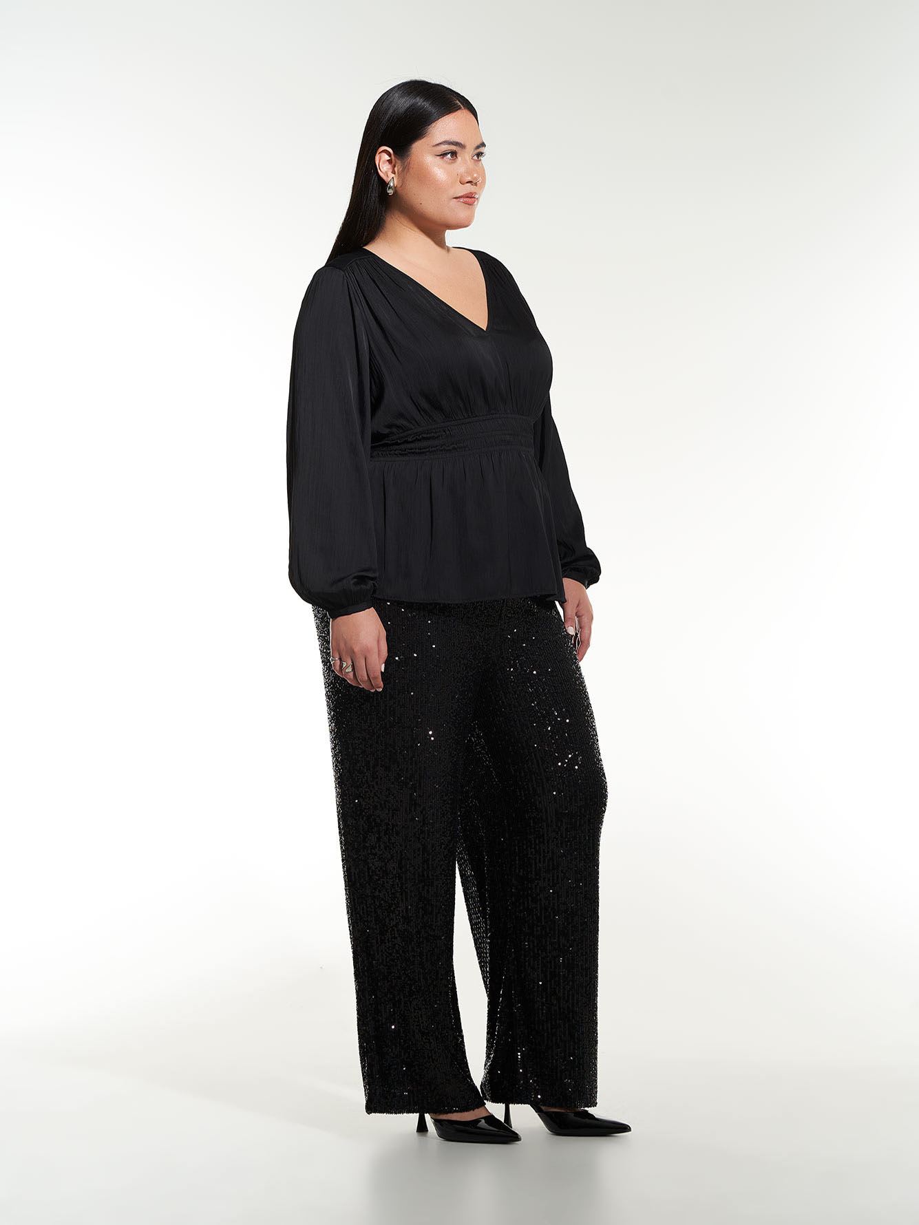 Black Satin V-Neck Blouse with Elastic Waist - Addition Elle