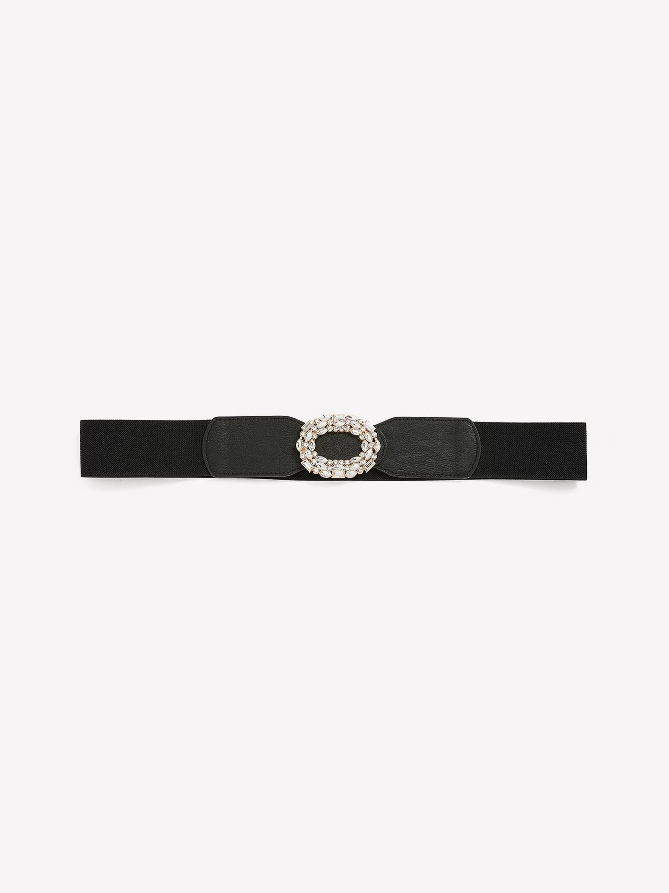 Black Elastic Belt with Rhinestone Oval Buckle