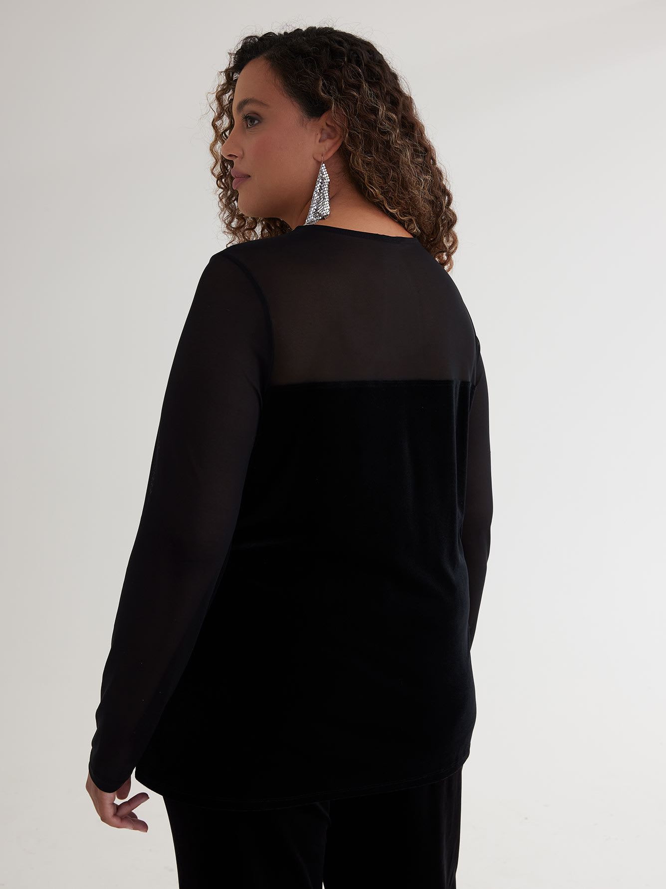 Black Mesh and Velvet Knit Top