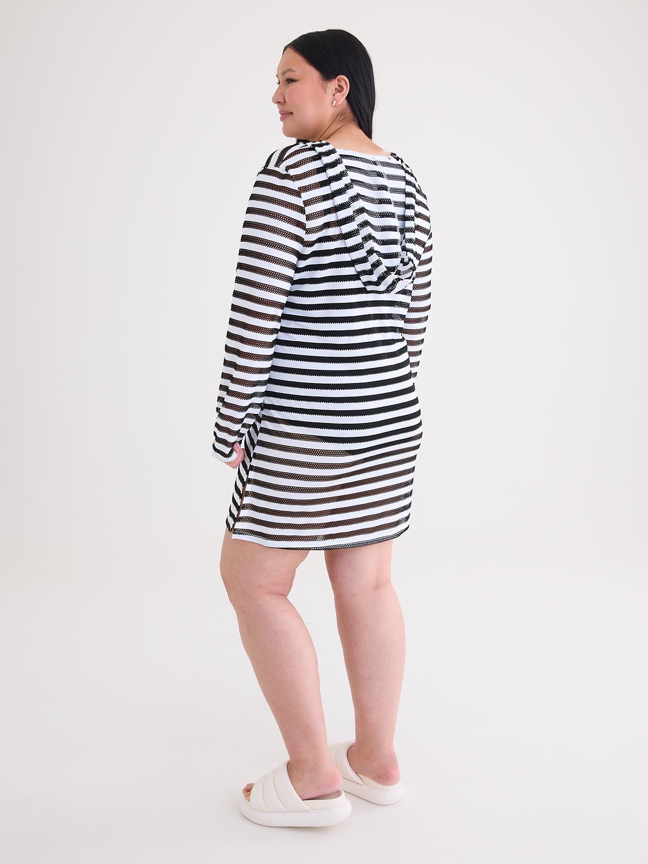 Eden Rock Short Hooded Striped Fishnet Swim Cover-Up Dress - Cover Me