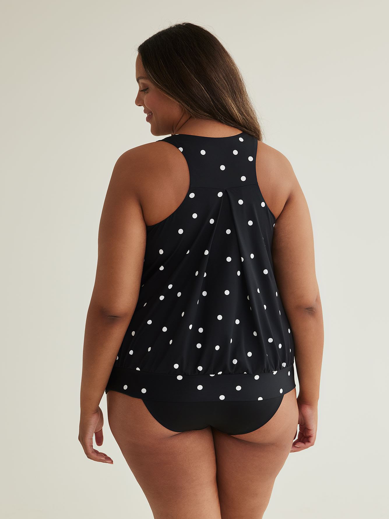 Black Dotted Tankini Top with Folded Band and Racer Back