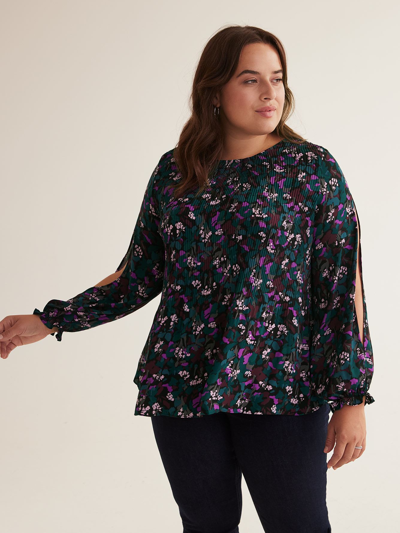 Responsible, Black Floral Pleated Swing Blouse