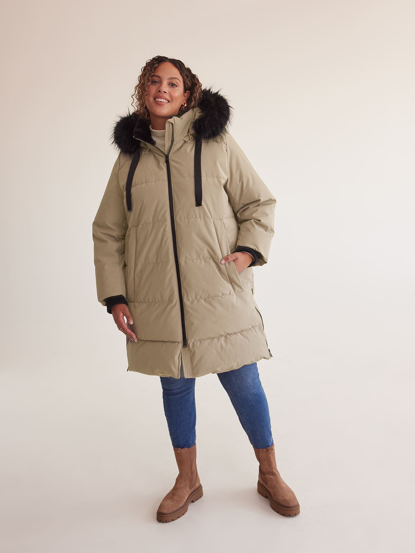 Responsible, Knee-Length Parka with Removable Faux-Fur Hood
