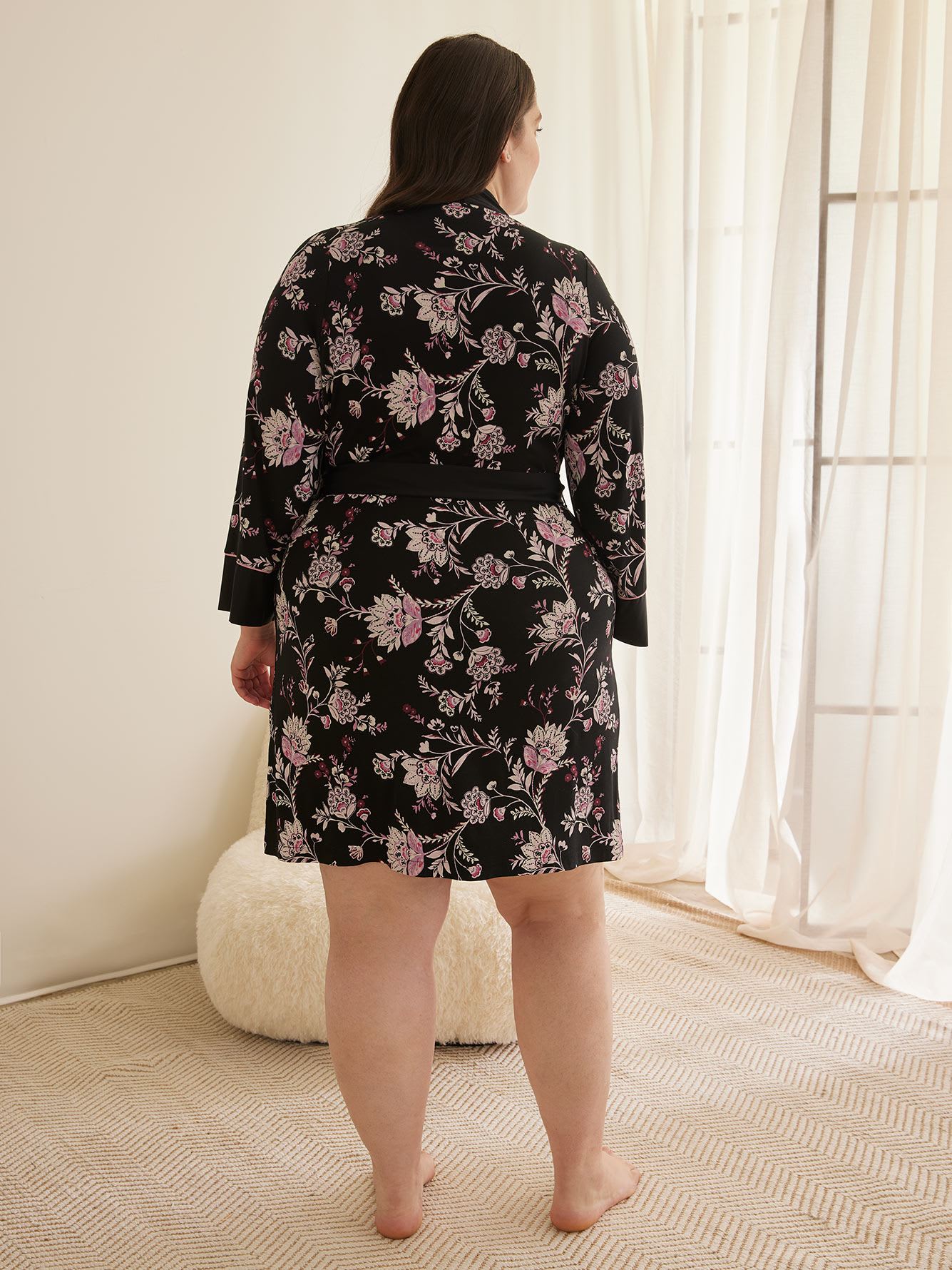 Printed Kimono Robe with Satin Details - Déesse Collection