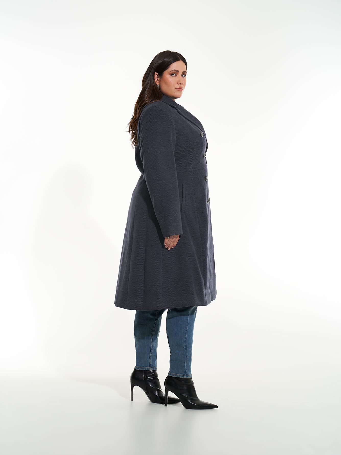 Long Herringbone Military Coat - Addition Elle