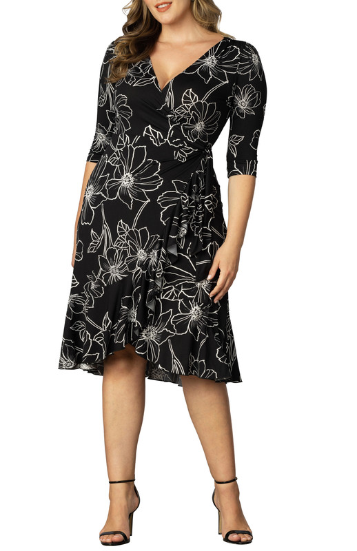 Kiyonna Plus Size Flirty Flounce Midi Wrap Dress with 3/4 Sleeves (Plus Size)