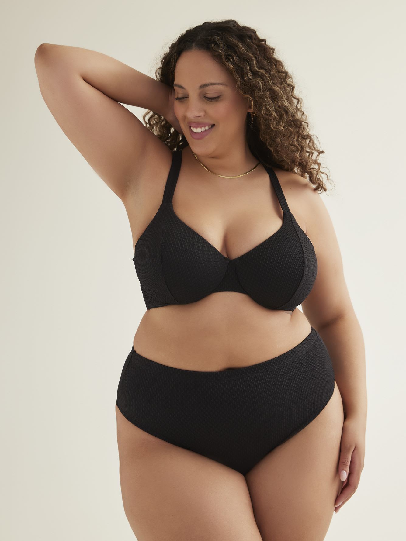 Black Textured Underwire Bikini Top with Lace-Up Back
