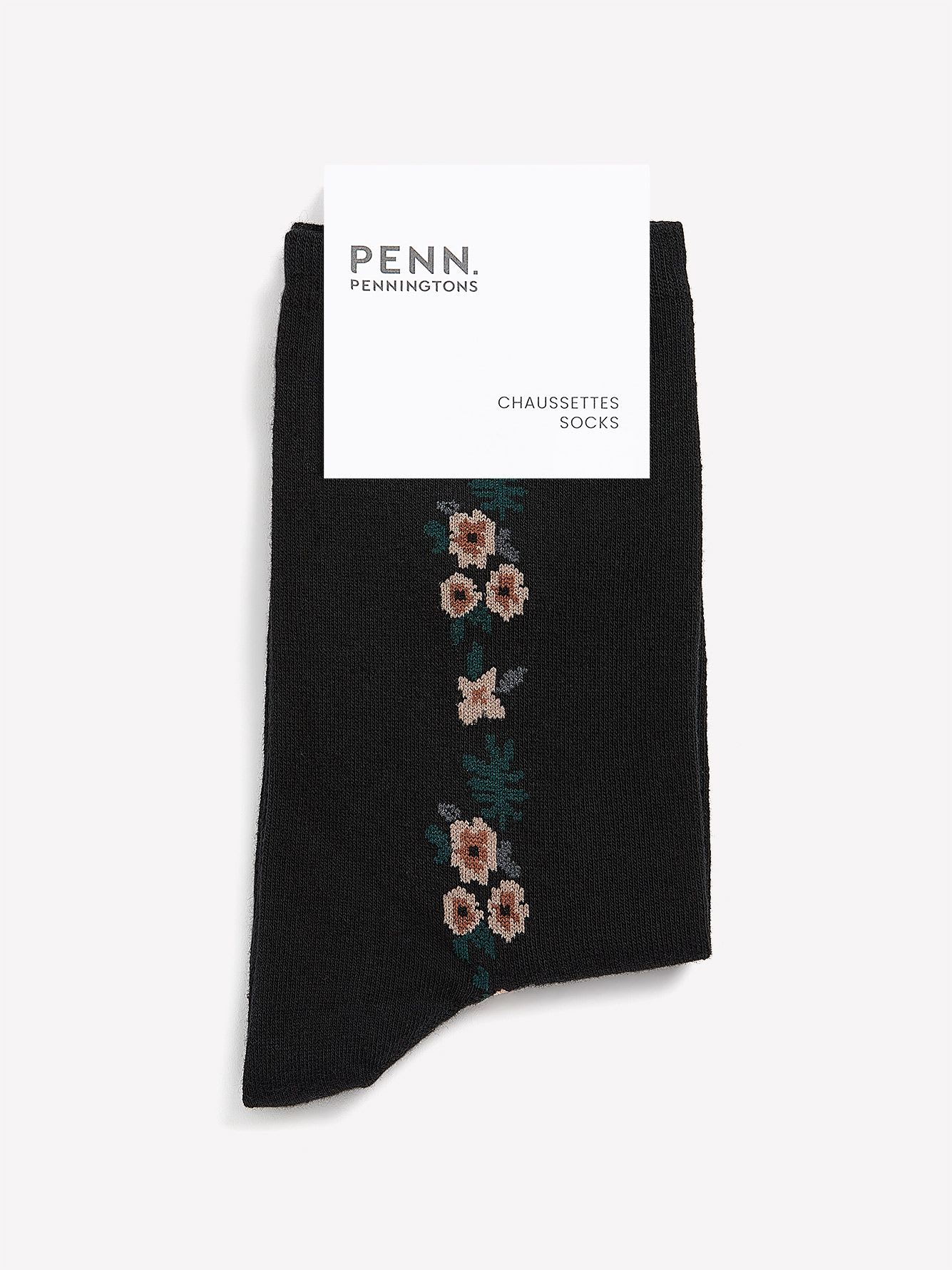 Black Crew Socks with Side Floral Print