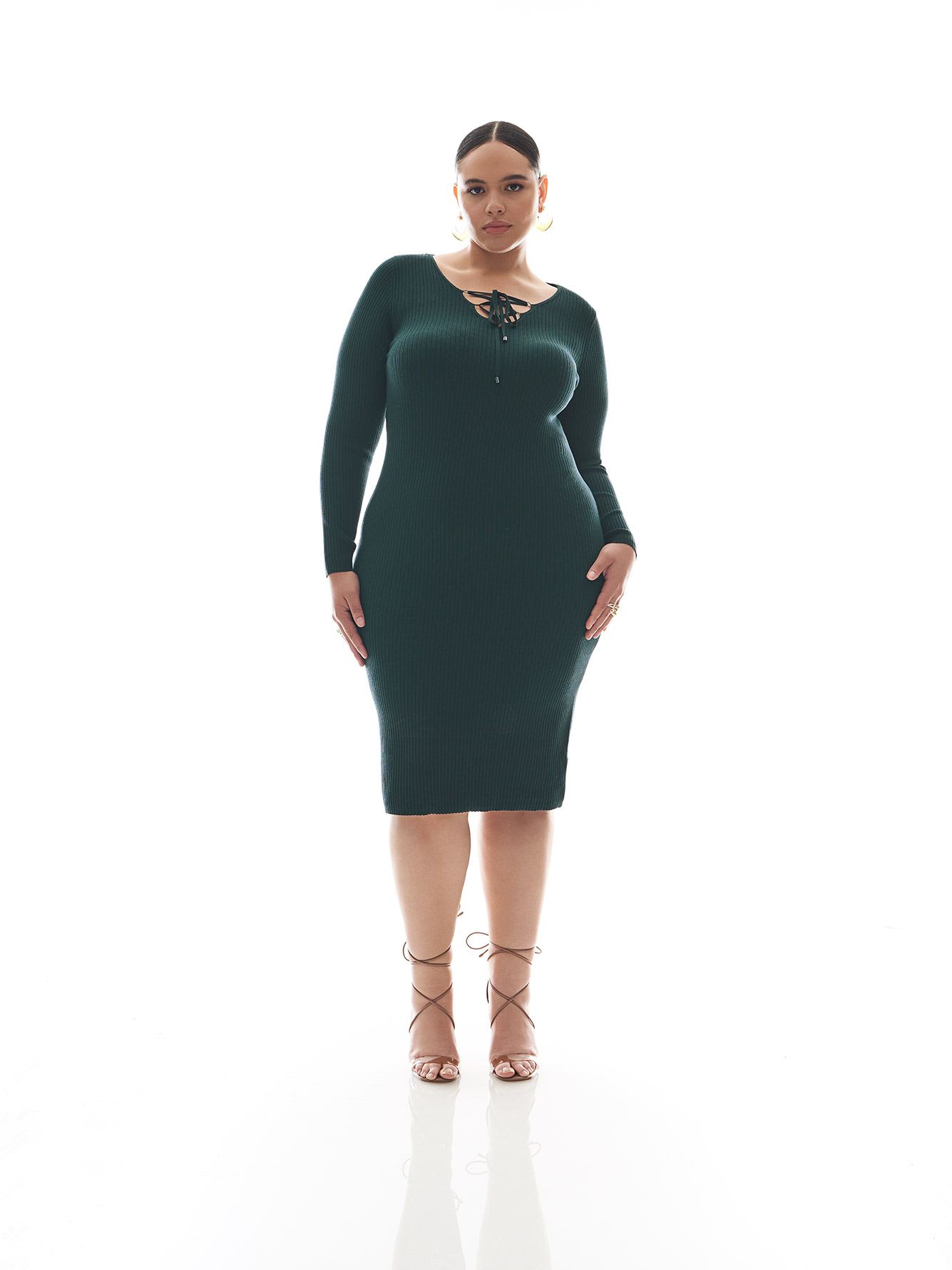 Ribbed Knit Dress with Neck Lace-Up - Addition Elle