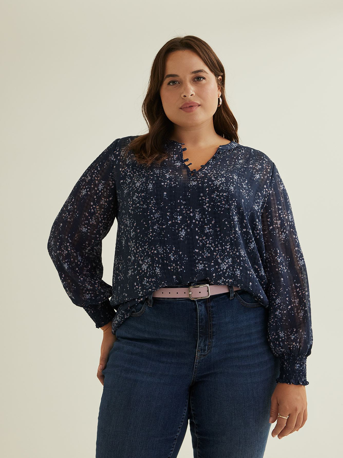 Floral Blouse with Split Neckline and Smocked Cuffs