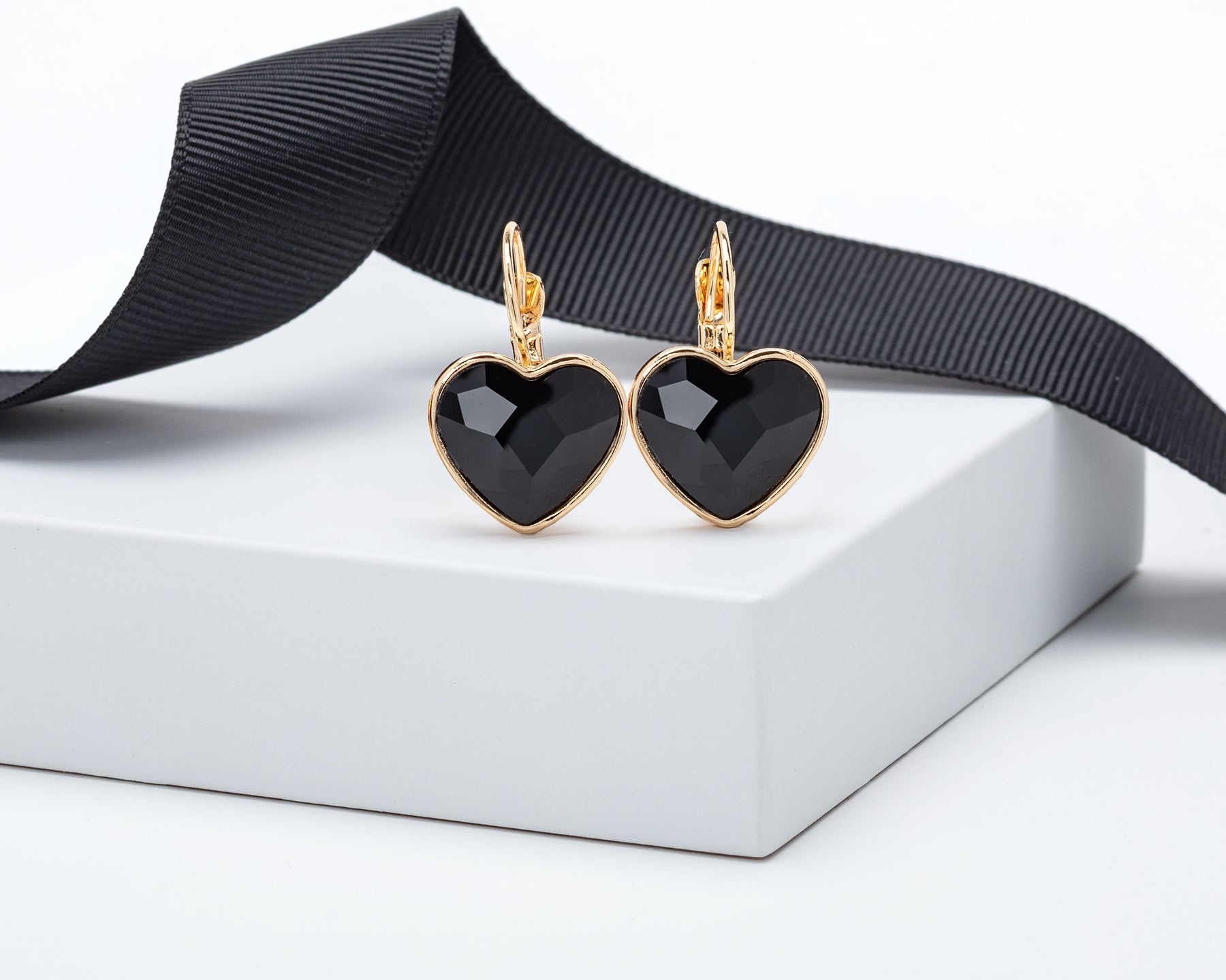 Goldtone and Jet Crystal Heart Leverback Earrings by callura
