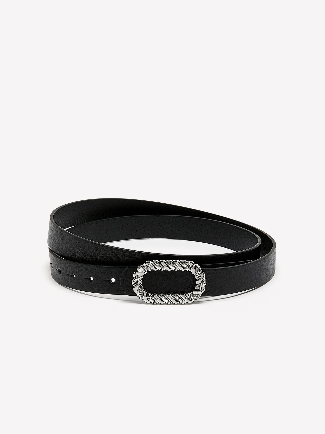 Slim Black Faux Leather Belt with Fancy Oval Buckle