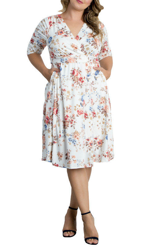 Kiyonna Plus Size Gabriella Ruched Sleeve Midi Dress with Pockets (Plus Size)