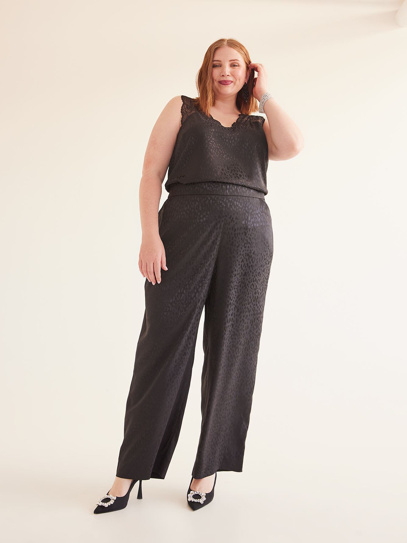 Black Textured Satin Wide-Leg Pant