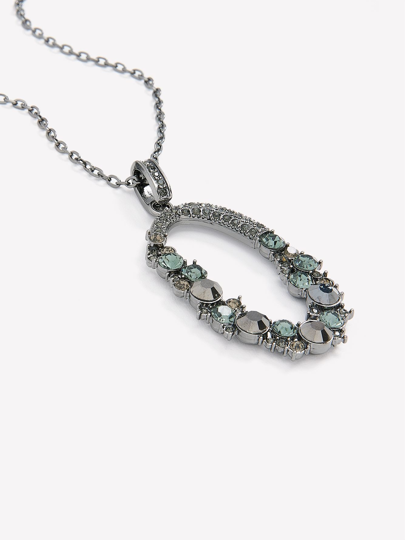 Long Necklace with Black Stone Oval Pendant