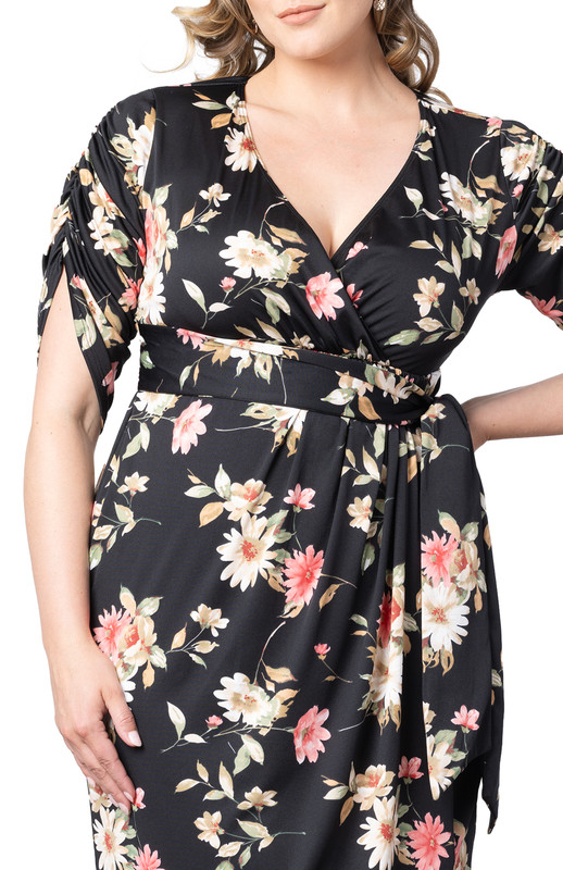 Kiyonna Plus Size Eden Midi Faux Wrap Dress with Ruched Sleeves (Plus Size)