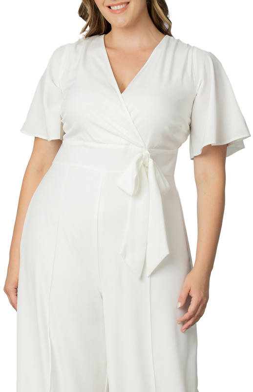 Kiyonna Plus Size Karina Crepe Wide-Leg White Jumpsuit (Plus Size)