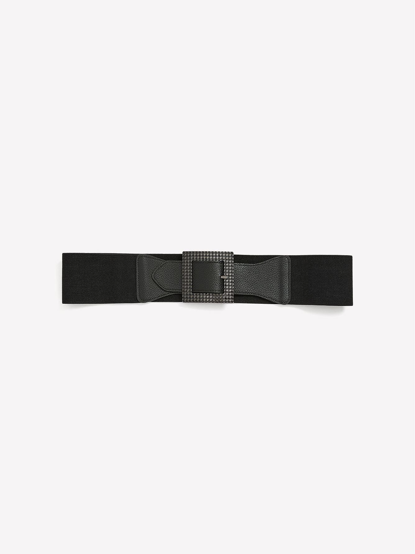 Black Wide Elastic Belt with Rhinestone Square Buckle