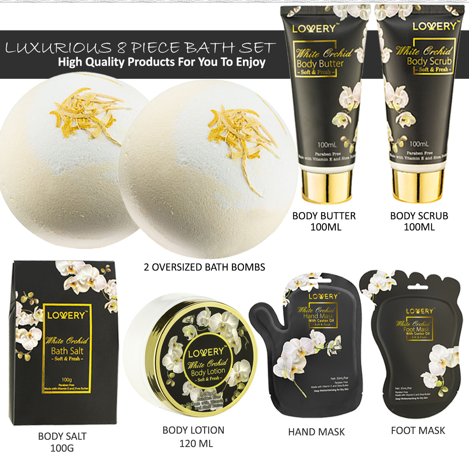 Lovery Luxury Spa Bath Set - White Orchid - With Hand & Foot Lotion Masks