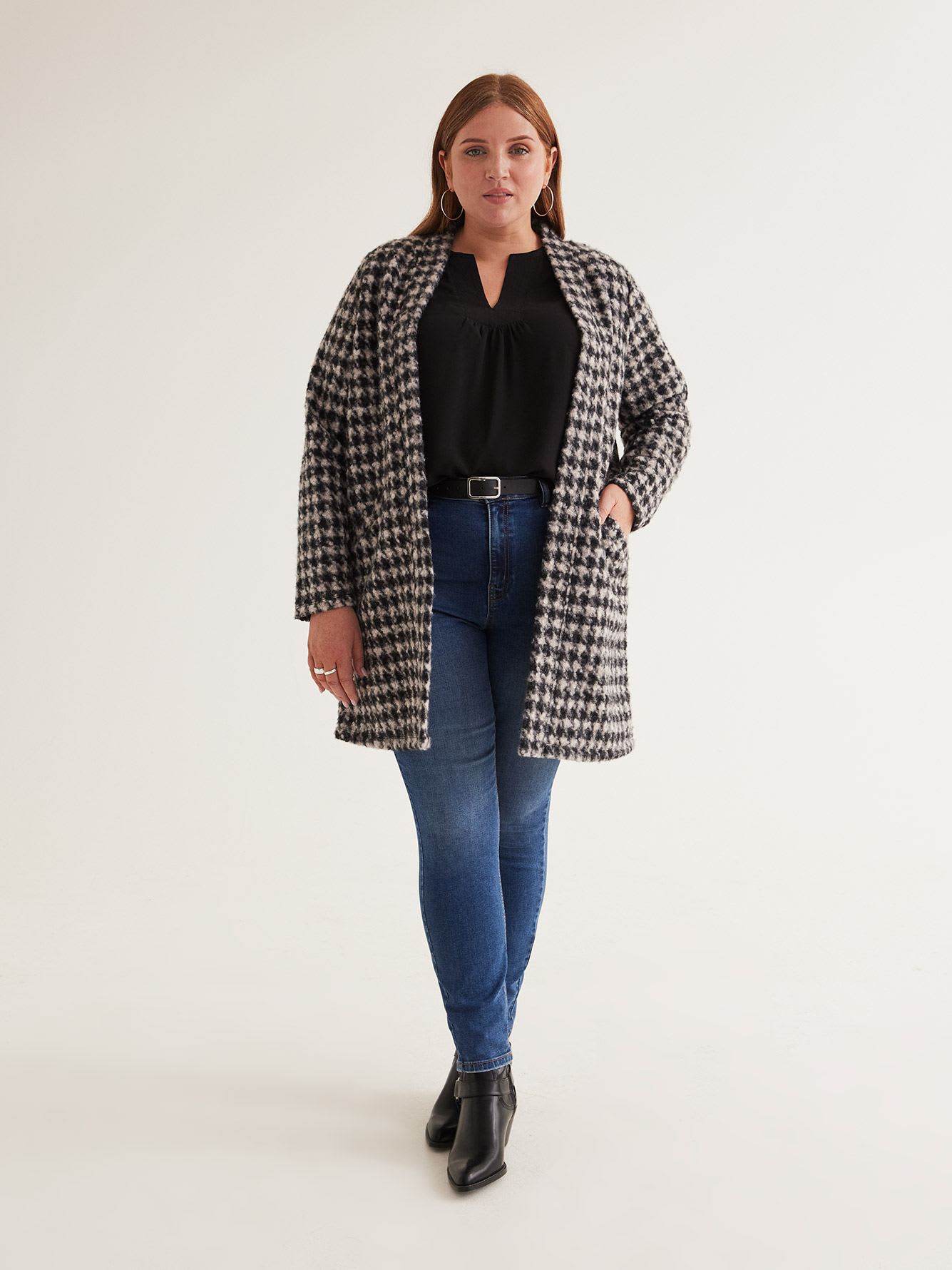 Textured Coatigan with Pockets, Black and White