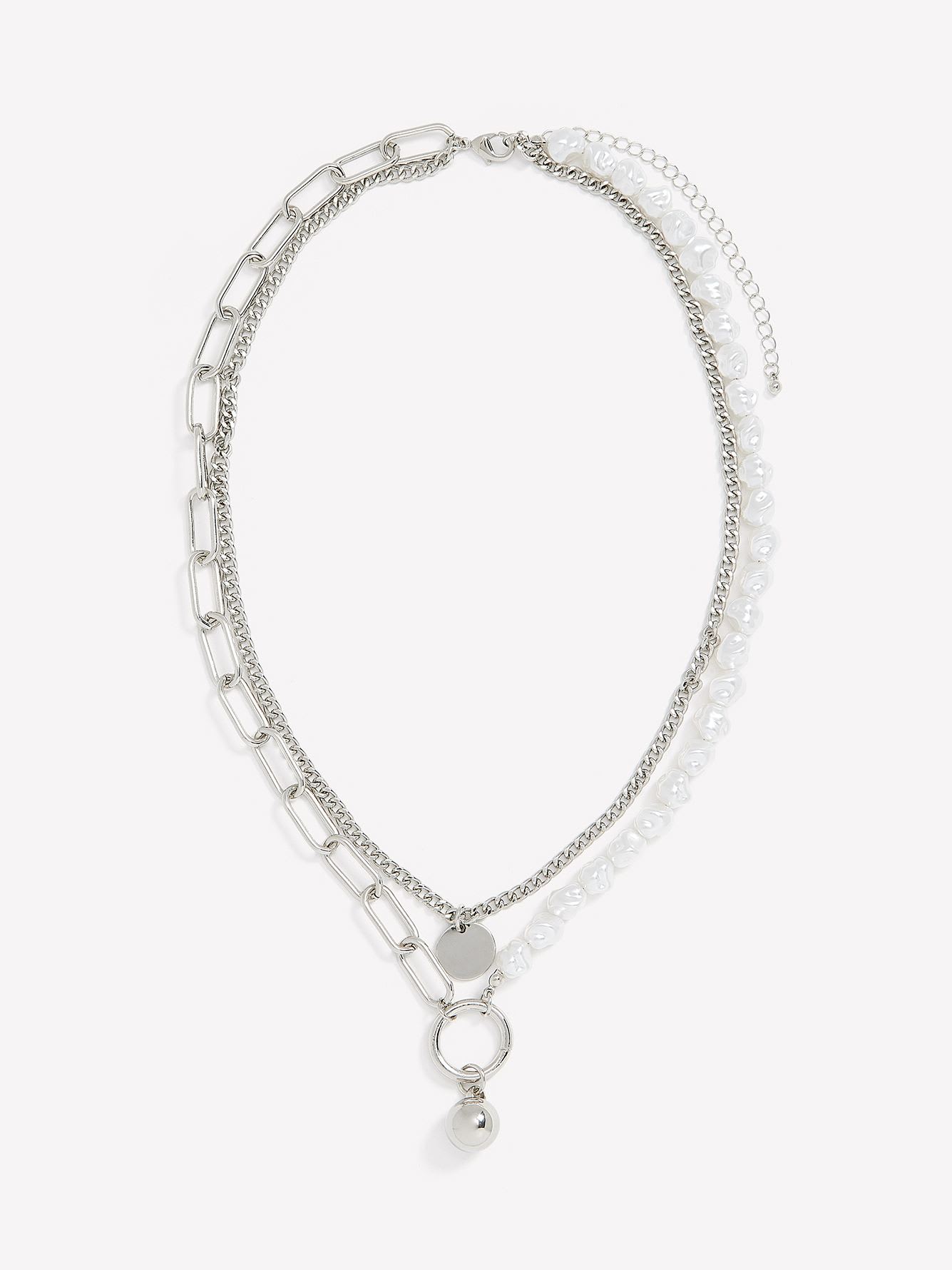 Two-Layer Short Necklace with Chain Links and Pearls