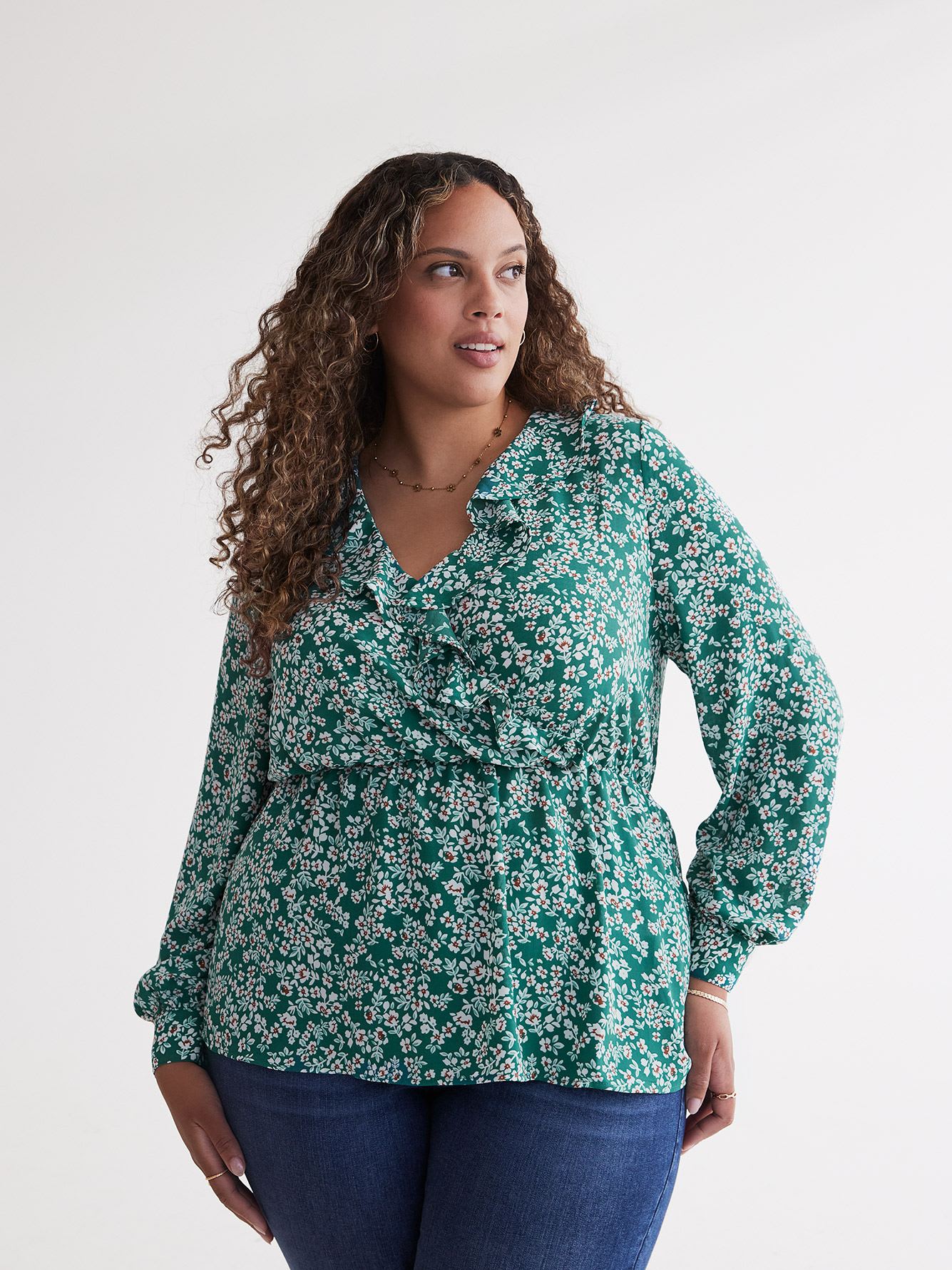 Floral Ruffled Faux-Wrap Blouse