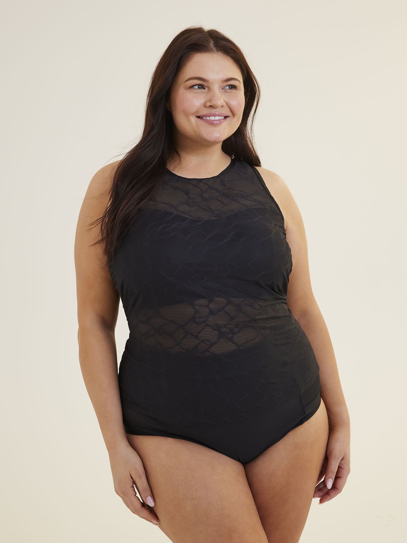 Black Pattern-Mesh Tankini Top