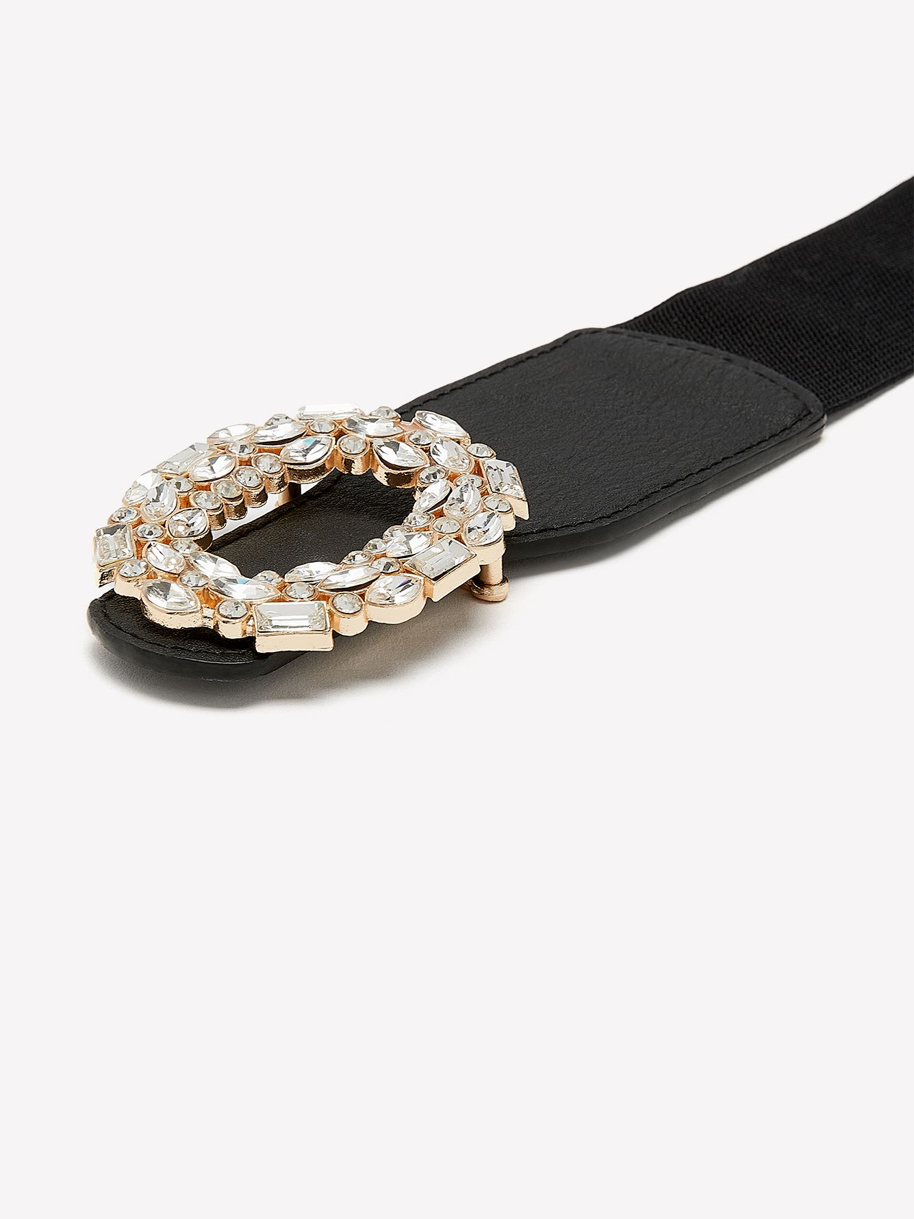 Black Elastic Belt with Rhinestone Oval Buckle