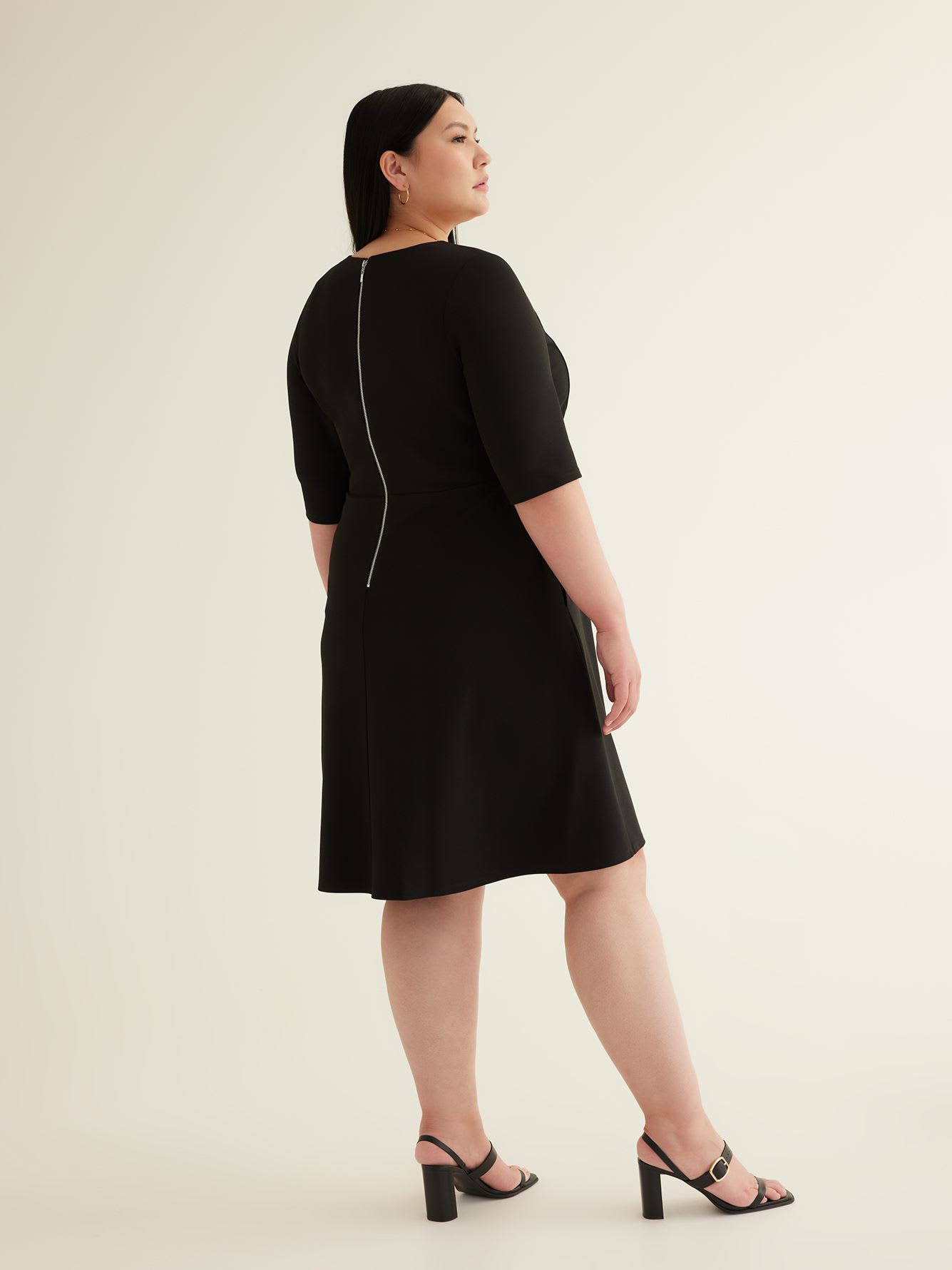 Black Fit-and-Flare Elbow-Sleeve Dress