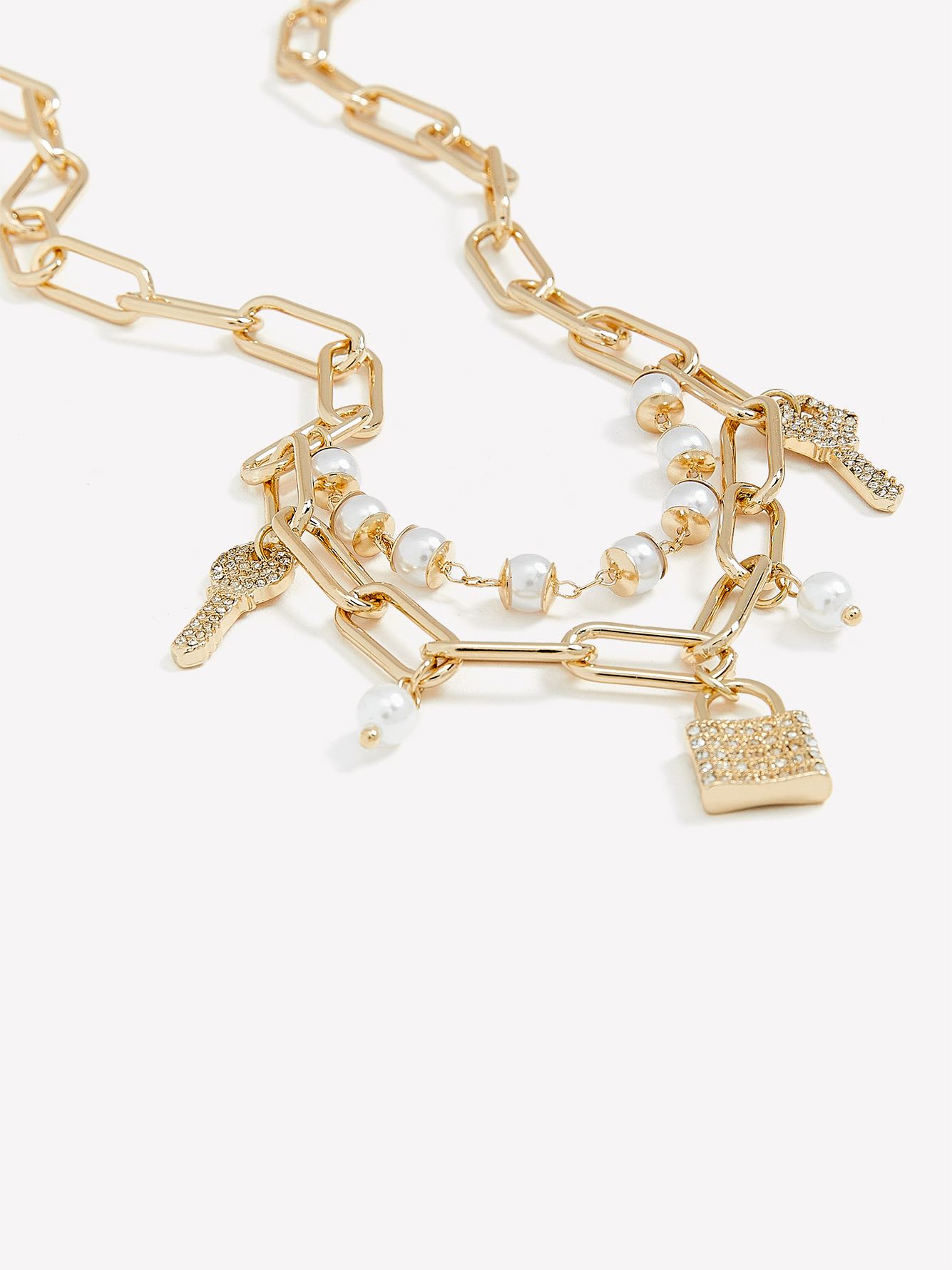 Chunky Link Necklace with Pearls and Lock Pendant