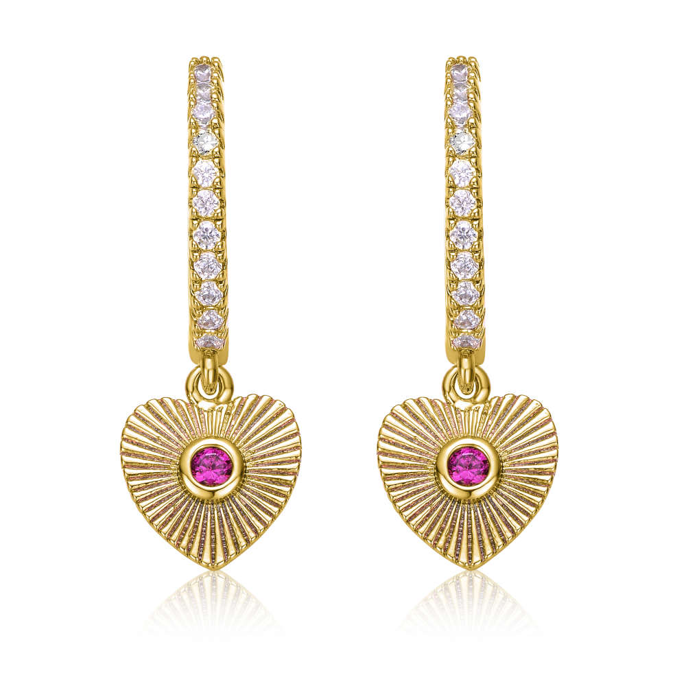Rachel Glauber Sunray Heart Dangle Hoop Earrings with Ruby Red Cubic Zirconia