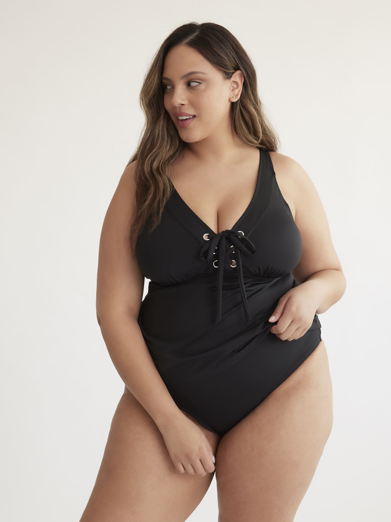 Black V-Neck Lace-Up Tankini Top