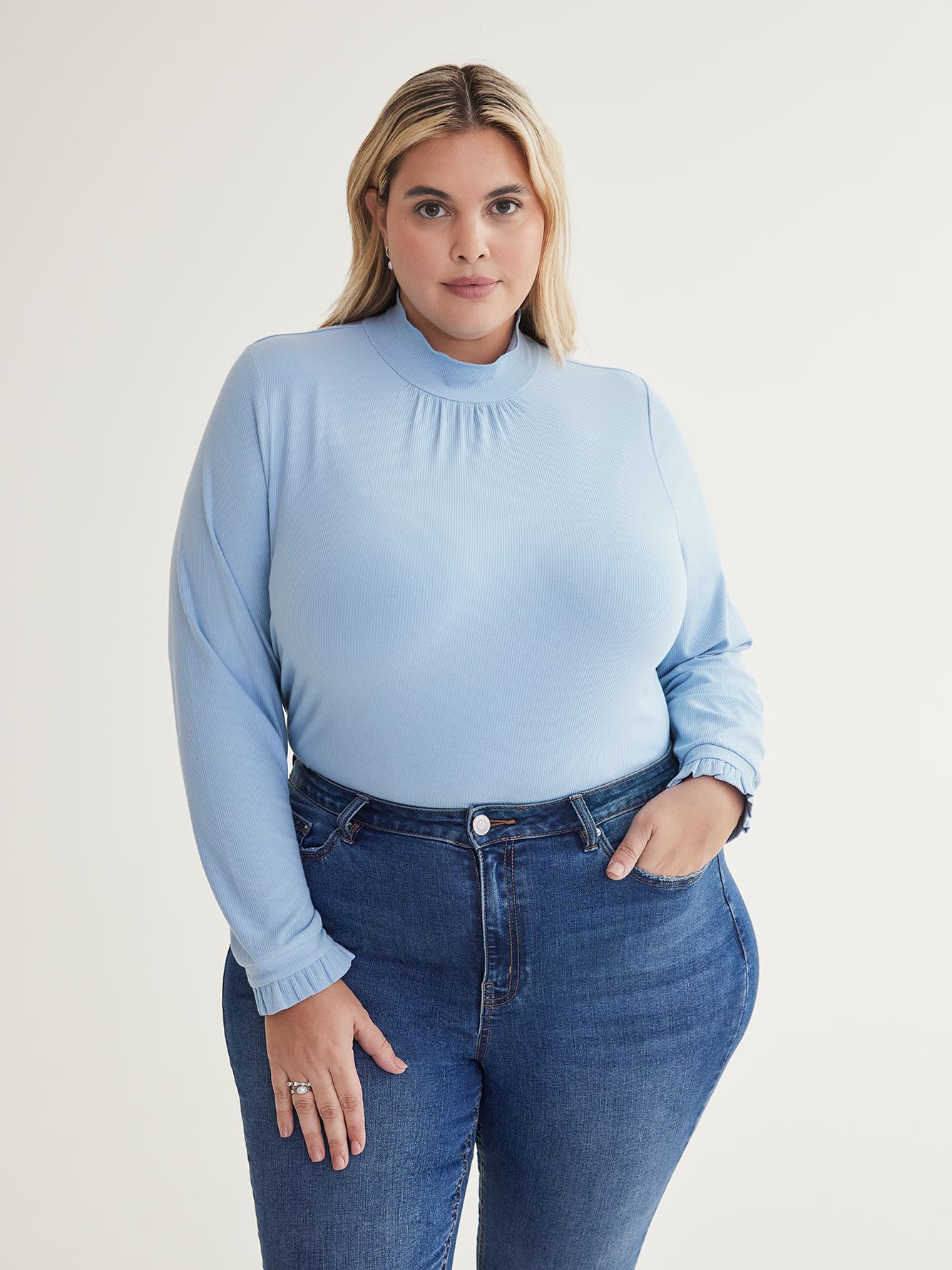 Mock-Neck Ribbed Knit Top