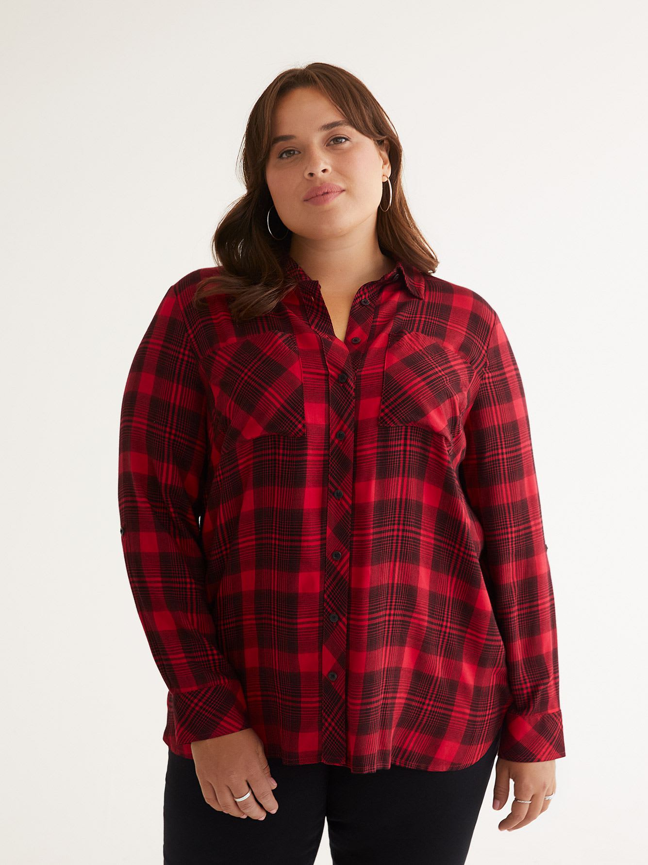Plaid Buttoned Down Shirt with High-Low Hem