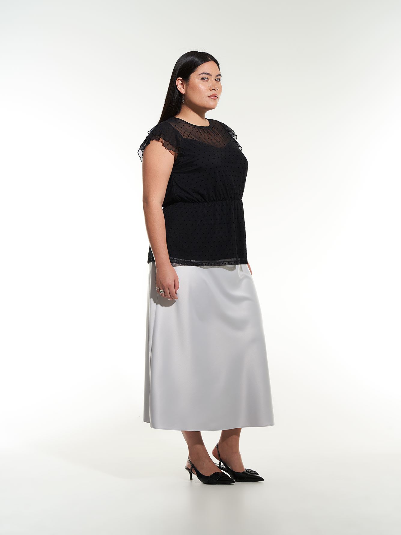 Short Double Flutter Sleeve Black Mesh Knit Top - Addition Elle