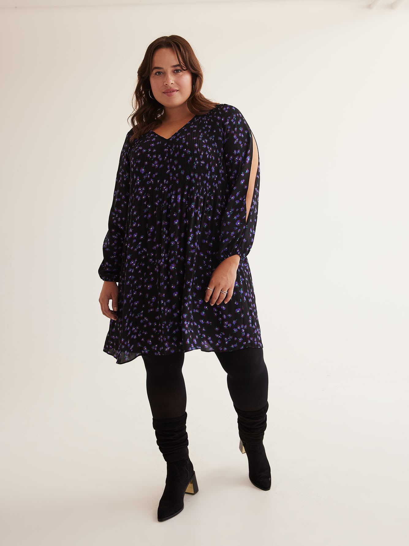 Responsible, Foral Pleated V-Neck Dress