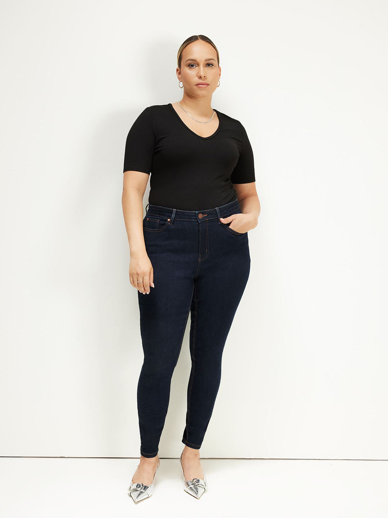 Black Textured Elbow-Sleeve Deep V-Neck Tee - Addition Elle