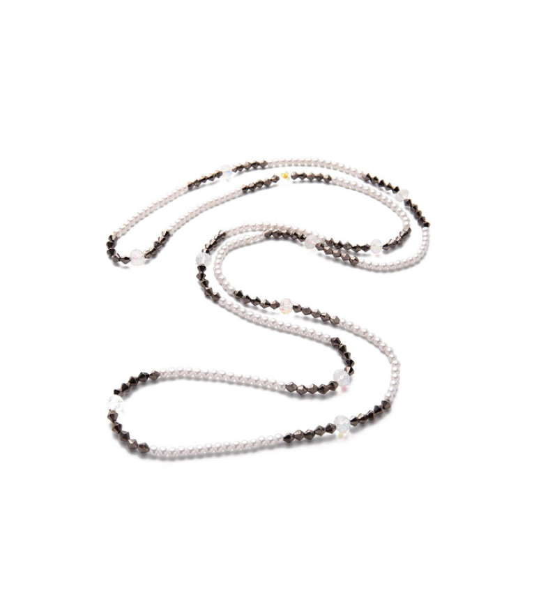 Long White Pearl and Black Crystal Beaded Necklace Bracelet - Don't AsK