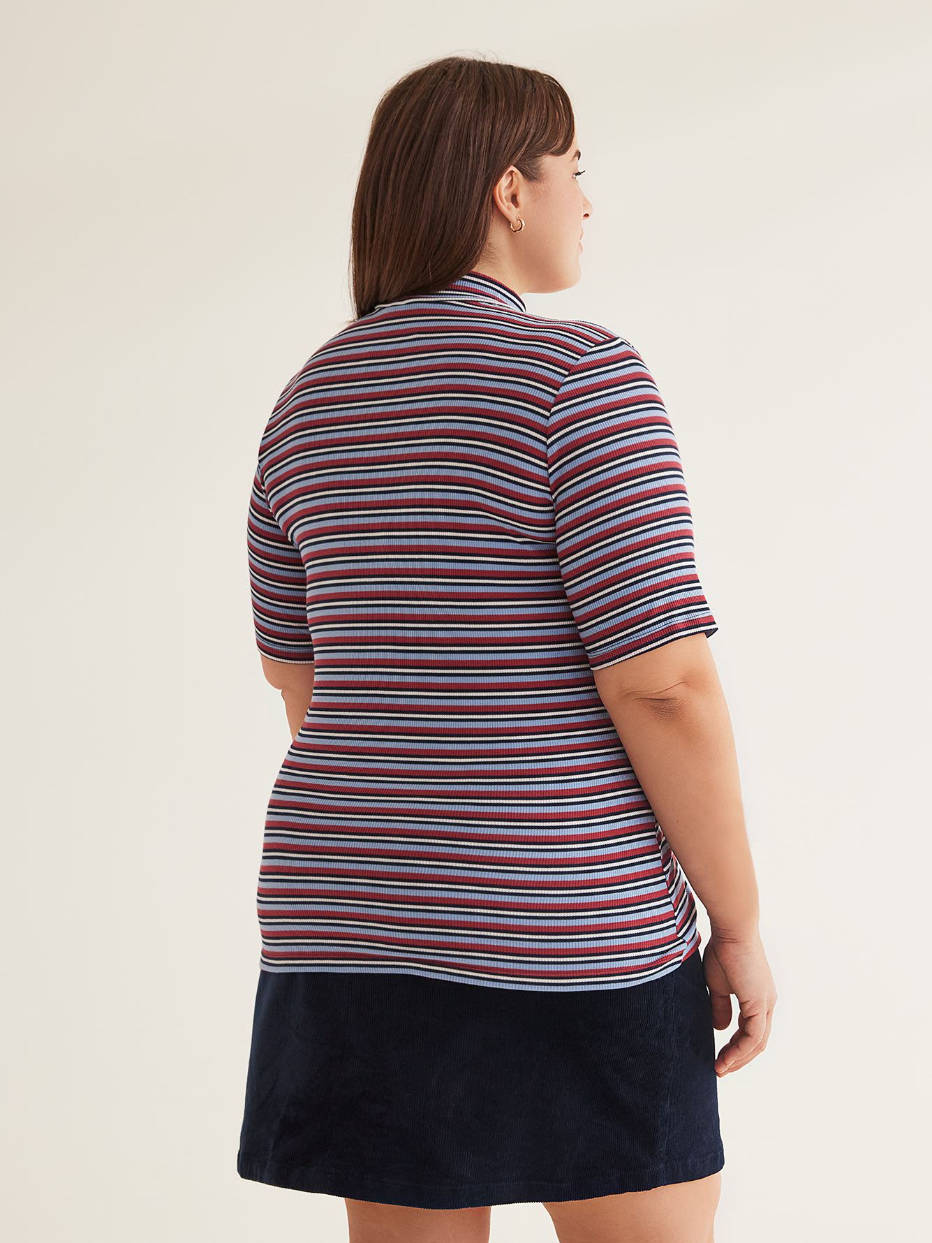 Ribbed Striped Elbow-Sleeve Fitted Knit Top
