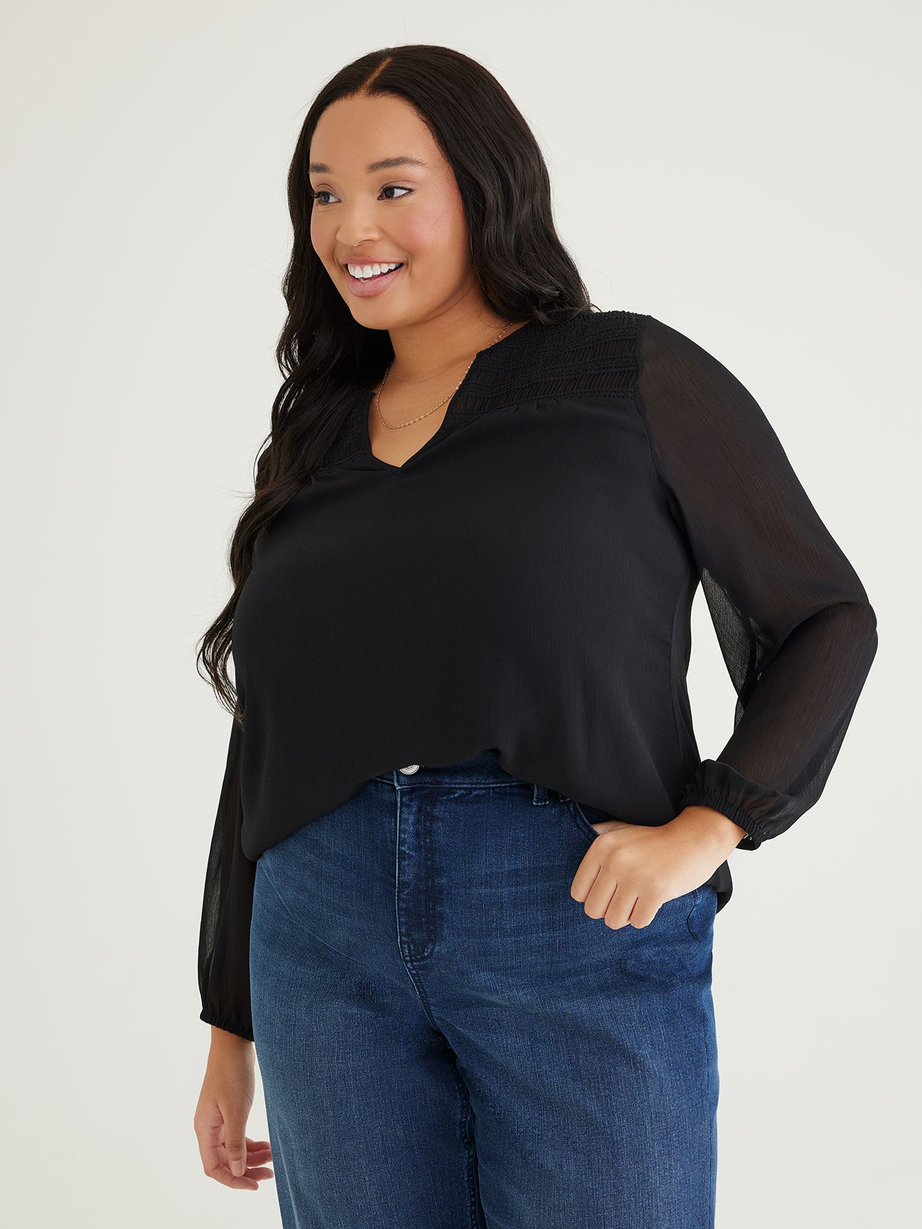 Long-Sleeve Split-Neck Blouse with Smocking
