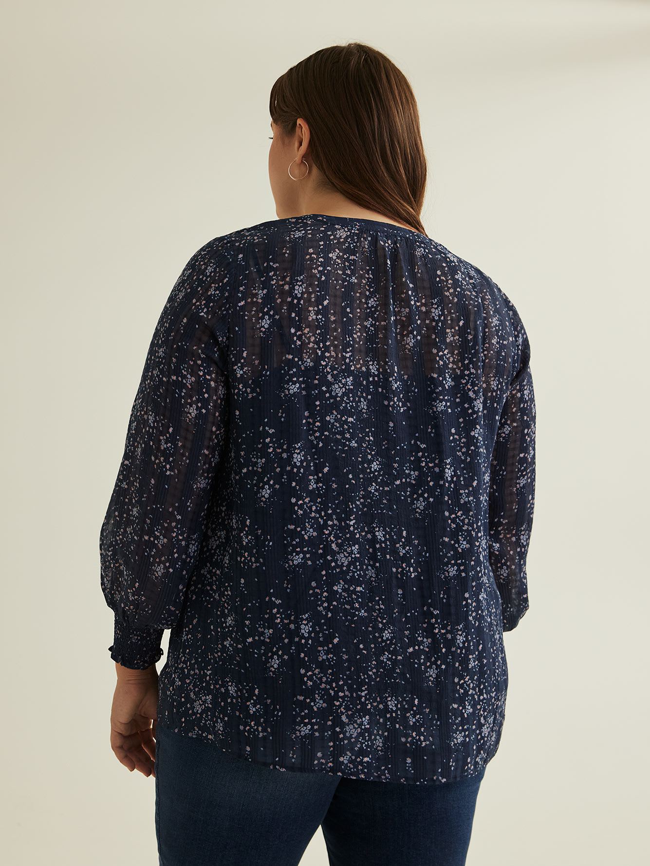 Floral Blouse with Split Neckline and Smocked Cuffs
