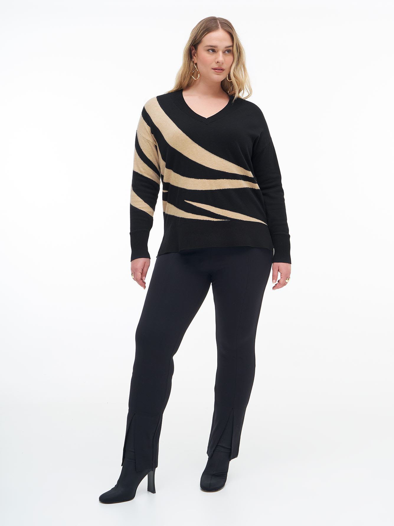 Black V-Neck Boxy Jacquard Sweater - Addition Elle
