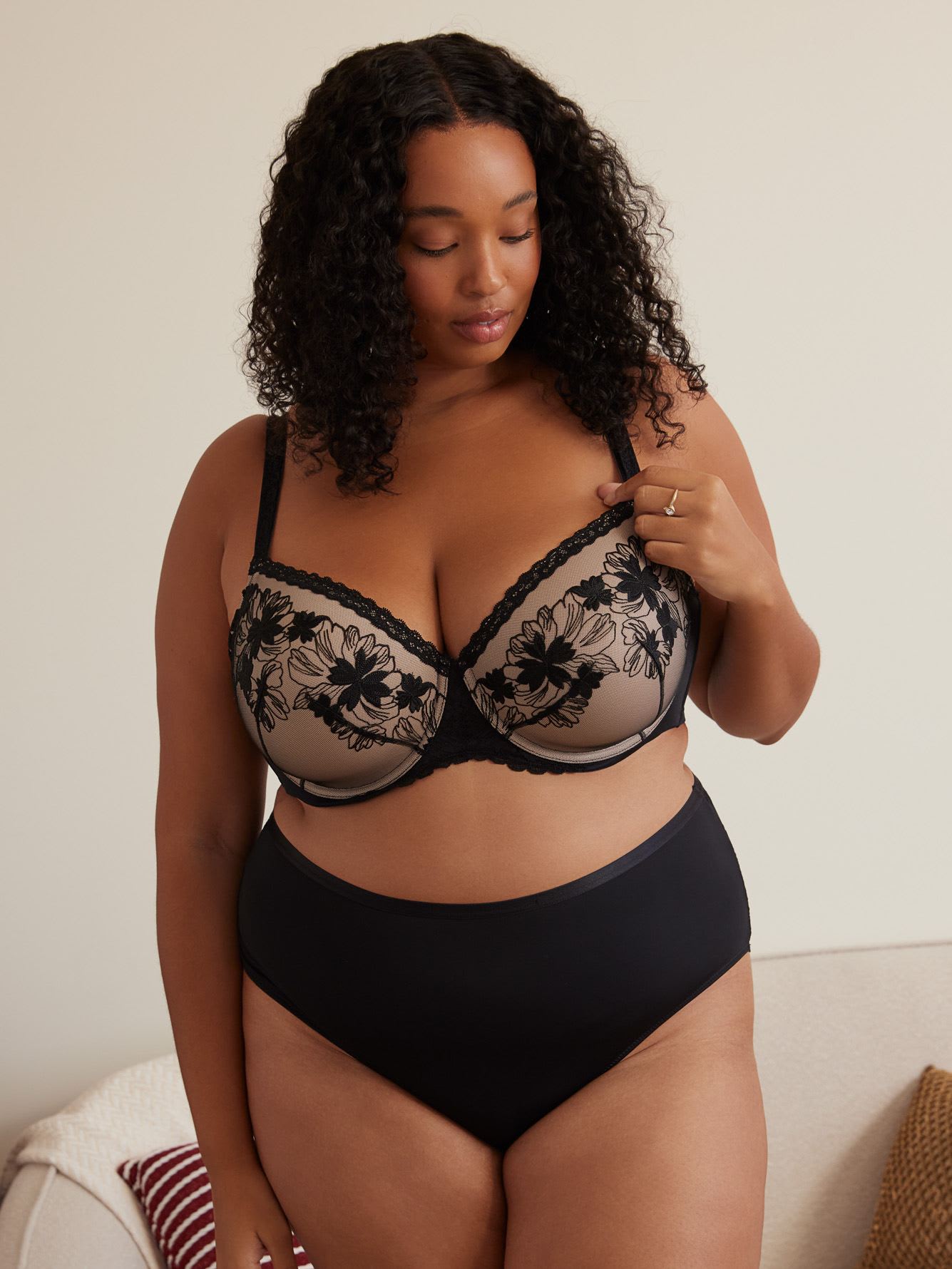Black Underwire Padded Balconette Bra with Lace Trim - Déesse Collection