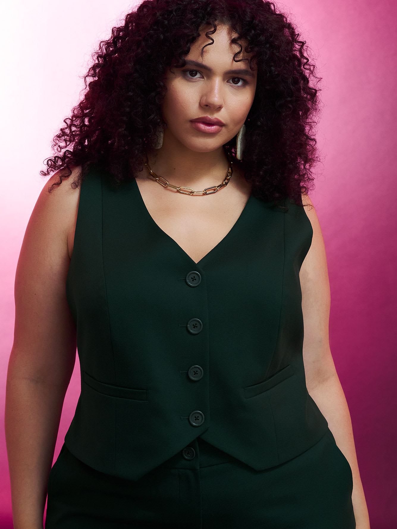 Buttoned Down Tailored Vest, Green - Addition Elle