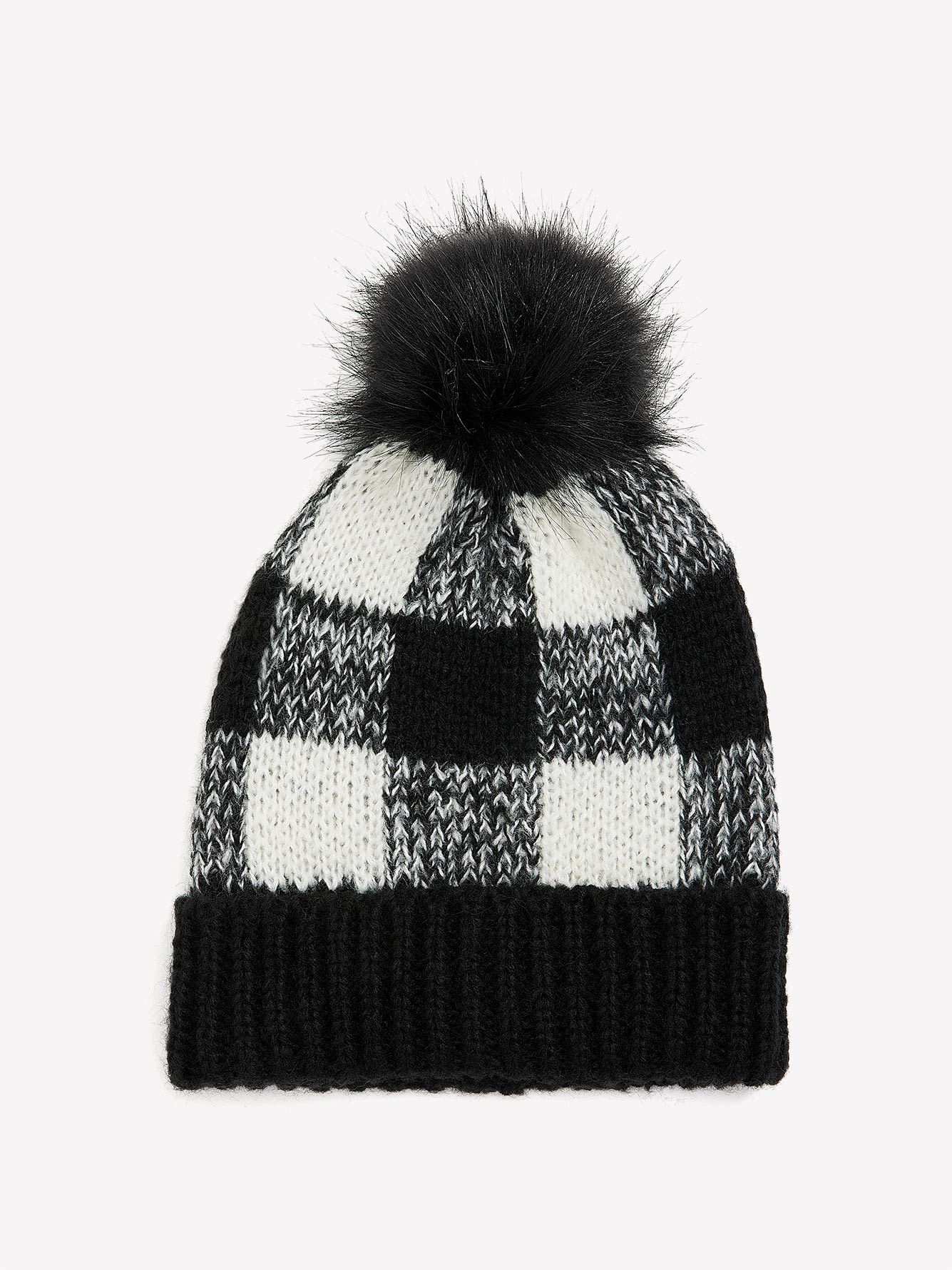 Black & White Plaid Beanie with Pom