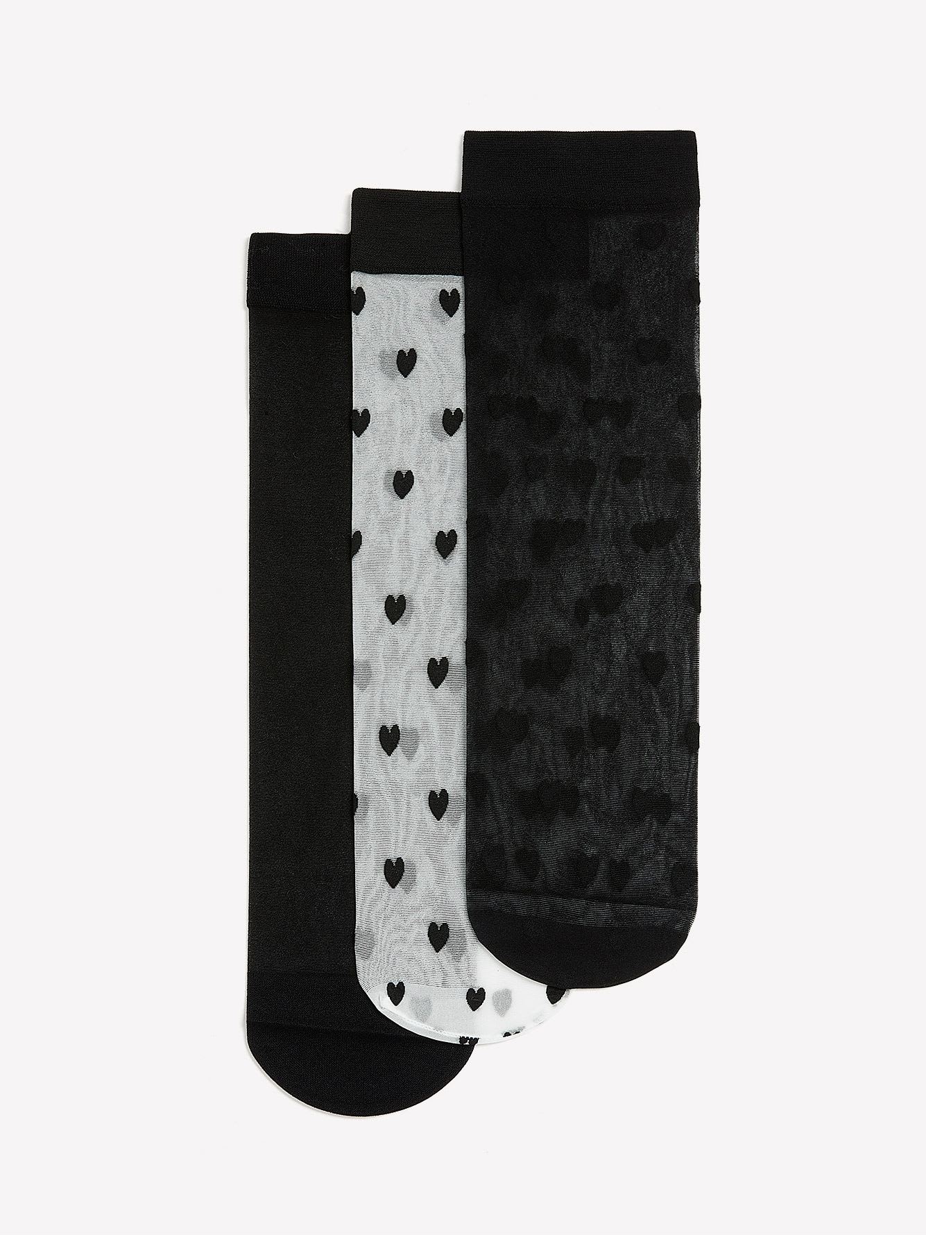 Black Nylon Ankle Socks Heart Detail, Set of 3